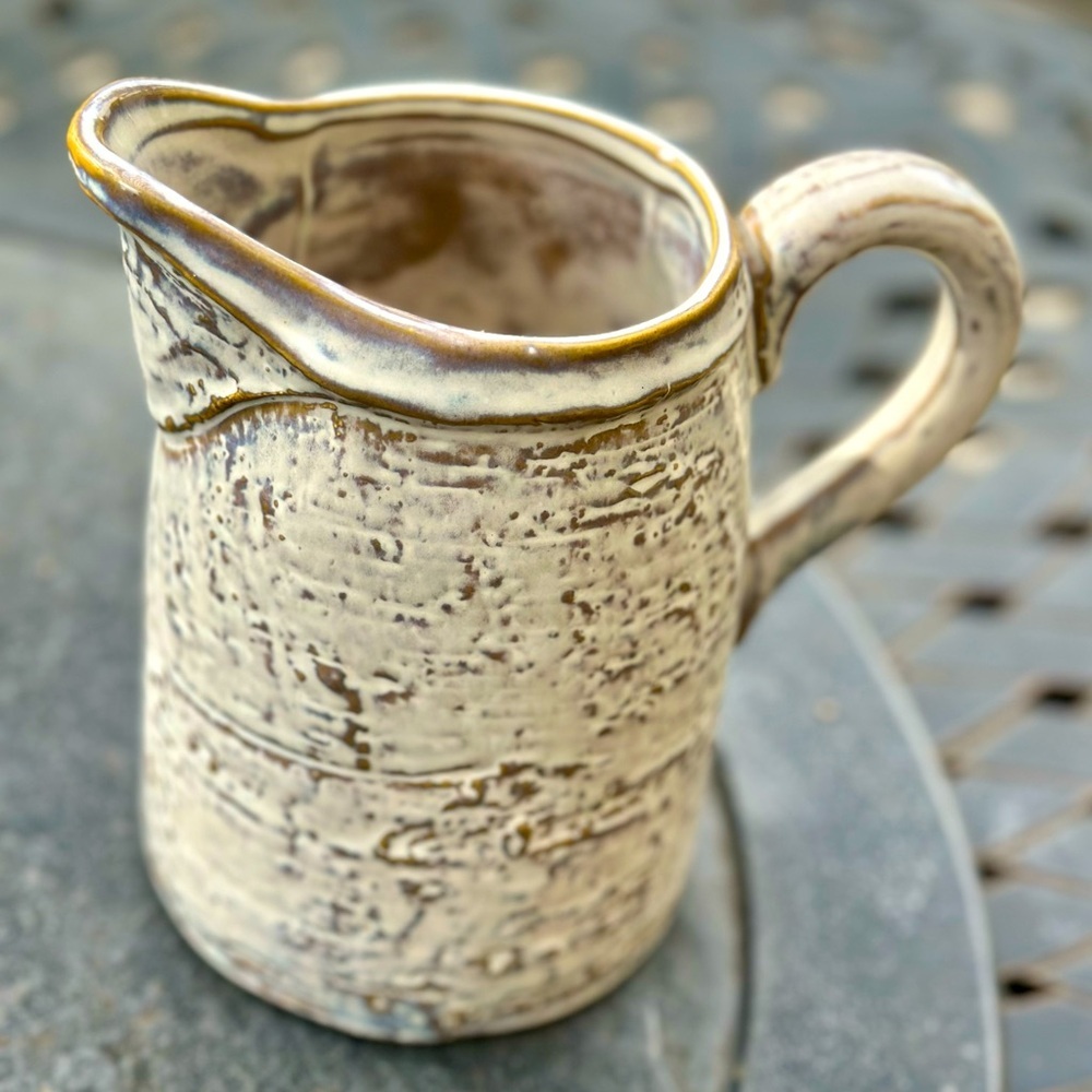 Rustic Cream and Brown Ceramic Distressed Pitcher